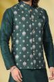 Printed Banarasi Silk Mens Nehru Jacket in Green (NMK-6449)