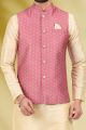 Printed Banarasi Silk Mens Nehru Jacket in Pink (NMK-6457)