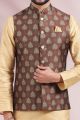 Printed Banarasi Silk Nehru Jacket in Brown (NMK-6454)