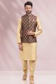 Printed Banarasi Silk Nehru Jacket in Brown (NMK-6454)