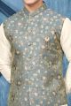 Printed Blue Jaquard Nehru Jacket (NMK-7369)