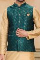 Printed Green Jaquard Banarasi Silk Nehru Jacket (NMK-7467)