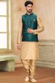 Printed Green Jaquard Banarasi Silk Nehru Jacket (NMK-7467)