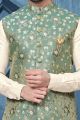 Printed Green Jaquard Nehru Jacket (NMK-7370)