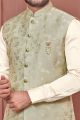 Printed Light Green Jaquard Nehru Jacket (NMK-7374)