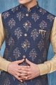 Printed Navy Blue Jaquard Nehru Jacket (NMK-7366)