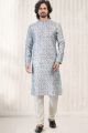 Printed Sky Blue Jaquard Banarasi Silk Kurta (NMK-6721)