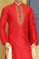 Red Dupion Art Silk Casual Kurta Pajama (NMK-3730)