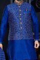 Royal Blue Art Dupion Jacket Style Kurta (NMK-3423)