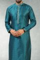 Teal Blue, Black Jaquard Silk Brocade Kurta Pajama (NMK-5177)