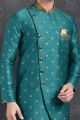 Teal Blue Jaquard Silk Brocade Indo Western Kurta (NMK-5018)