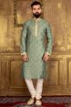 Teal Green Jaquard Silk Brocade Kurta (NMK-3557)