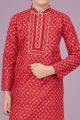 Tomato Red Printed Cotton Silk Boys Kurta Pajama (NKK-689)