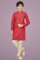 Tomato Red Printed Cotton Silk Boys Kurta Pajama (NKK-689)