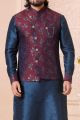 Wine, Blue Art Banarasi Silk Nehru Jacket (NMK-5649)