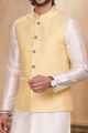 Yellow Jaquard Banarasi Silk Mens Nehru Jacket (NMK-6912)