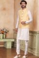 Yellow Jaquard Banarasi Silk Mens Nehru Jacket (NMK-6912)