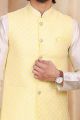 Yellow Jaquard Banarasi Silk Nehru Jacket (NMK-7459)