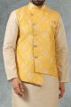 Yellow Jaquard Nehru Jacket for Men (NMK-5213)